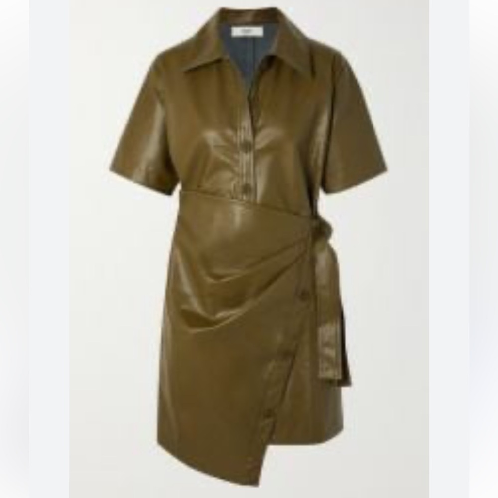 The Frankie Shop Zoeyy Faux Leather Wrap Dress in Olive Green Size Small